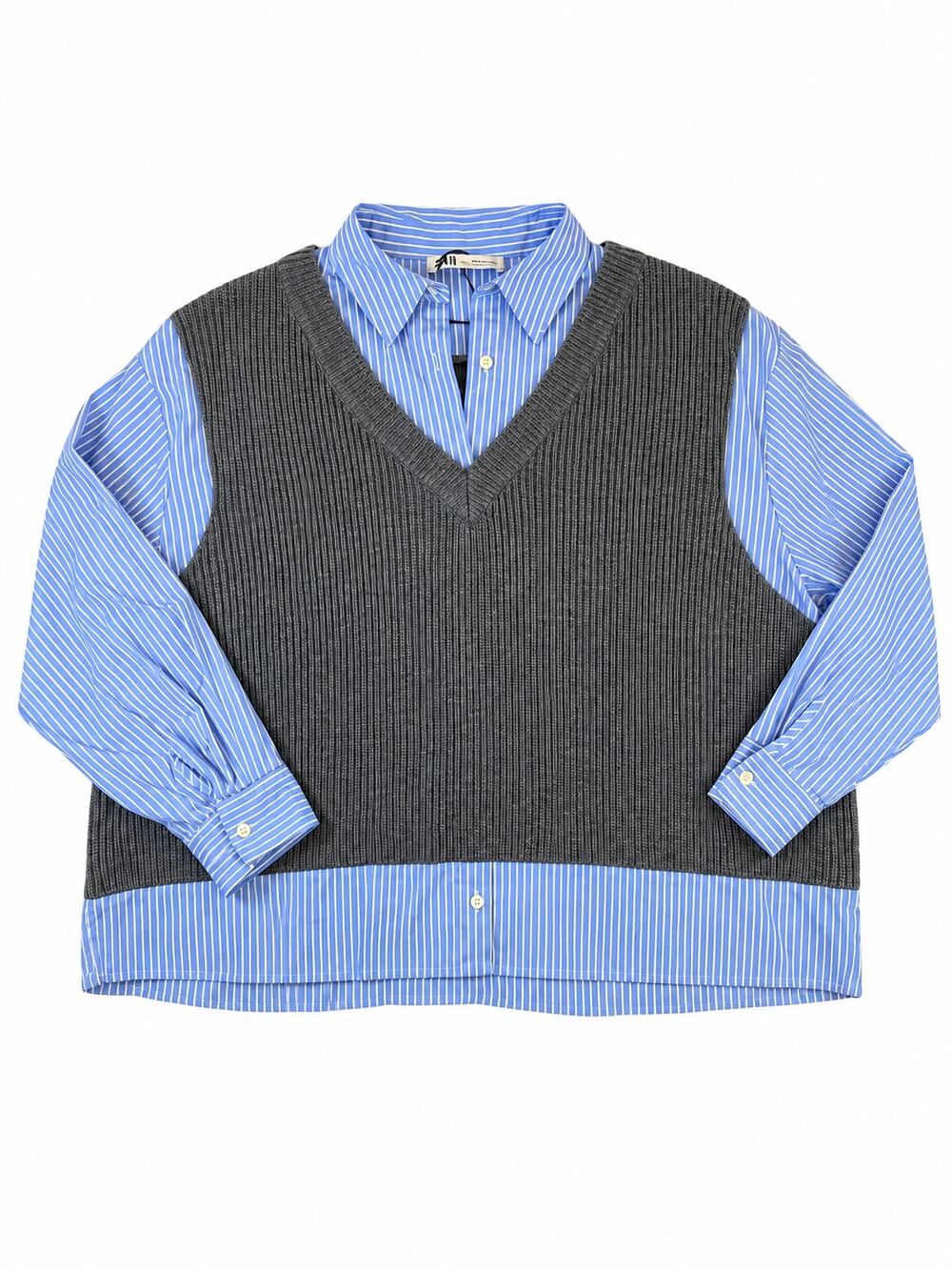 Zara Women’s NWOT M-L Blue Stripe Shirt Gray Knit Sweater Vest 2 in 1 Preppy